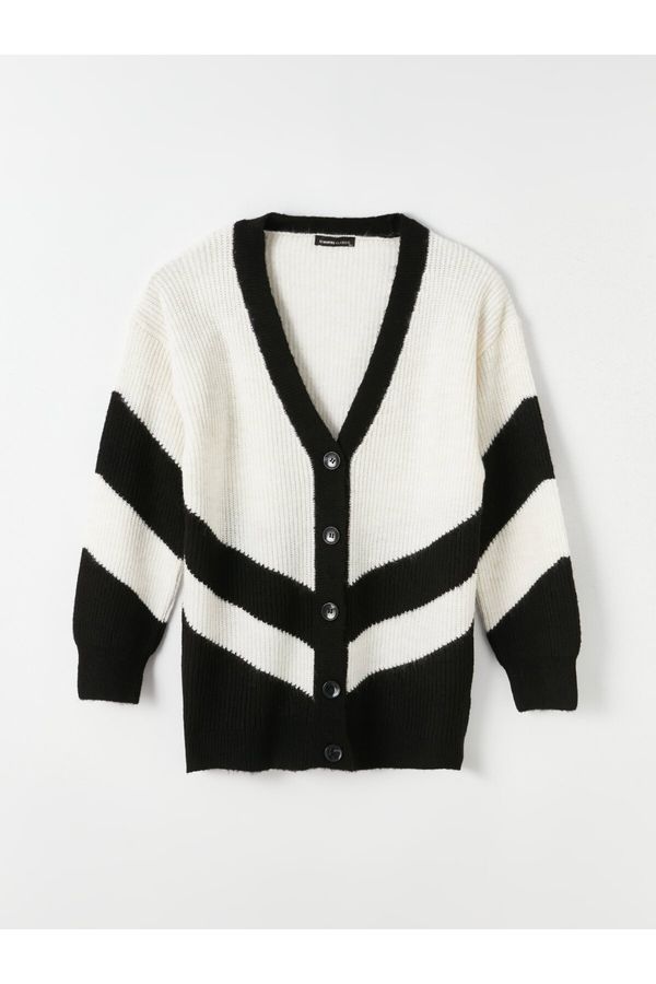 LC Waikiki LC Waikiki Women's V-Neck Color Block Long Sleeve Oversize Knitwear Cardigan