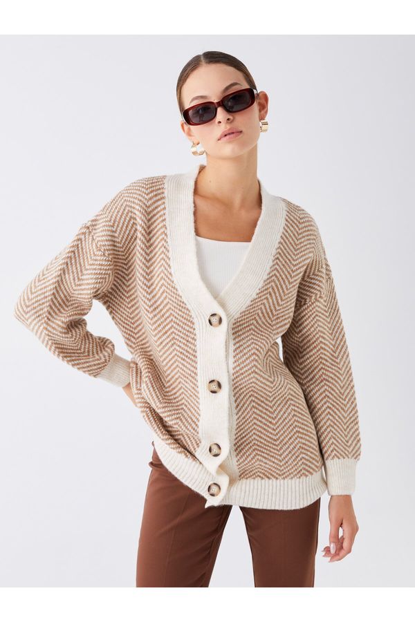 LC Waikiki LC Waikiki Women's V-Neck Patterned Long Sleeve Oversize Knitwear Cardigan