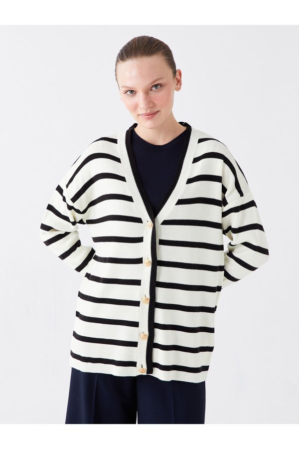 LC Waikiki LC Waikiki Women's V-Neck Striped Long Sleeve Oversize Knitwear Cardigan