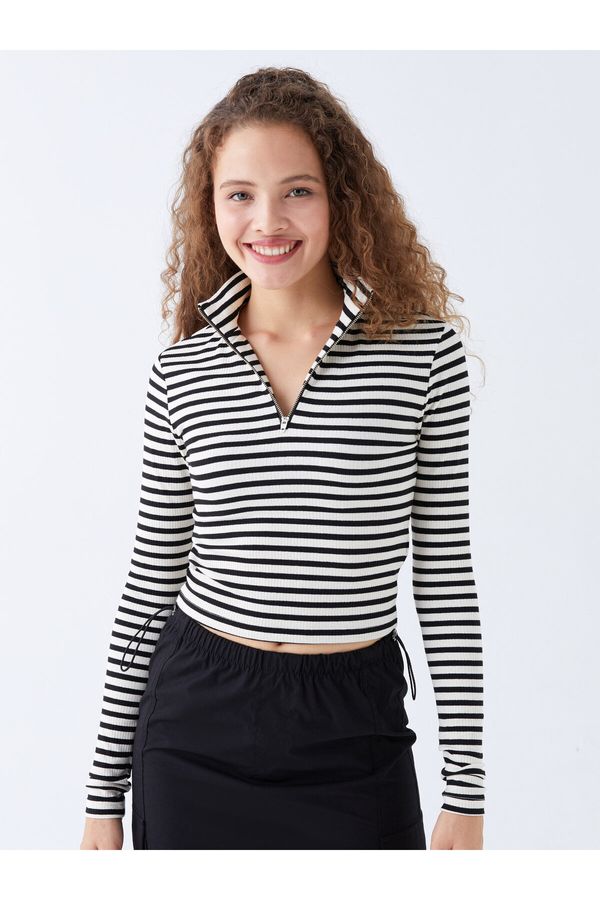 LC Waikiki LC Waikiki XSIDE Ecru Stand Collar Striped Long Sleeve Women's Crop