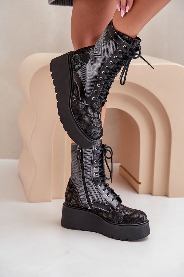 Maciejka Leather Ankle Boots On Platform And Wedge With Patterned Upper Maciejka