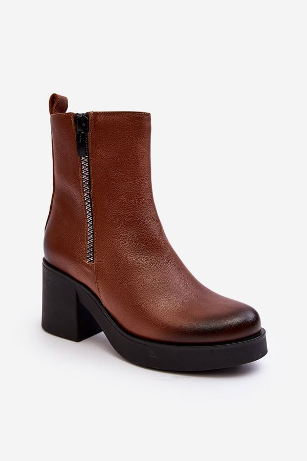 LEMAR Leather Boots with Chunky Heel and Zippers Brown Lemar Littosa