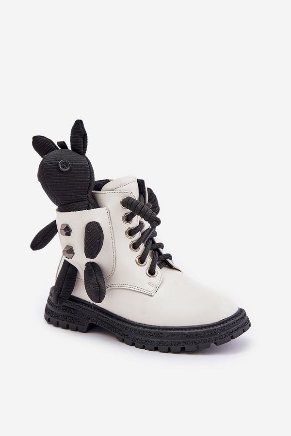 Kesi Leather insulated children's ankle boots with zipper with Vinceza bear white