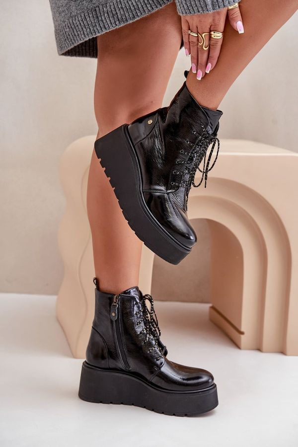 Maciejka Leather Patent Ankle Boots On Platform And Wedge Maciejka