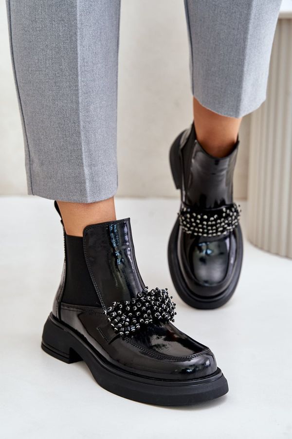 PE1 Leather patent leather ankle boots with decorative slip-on insulated black Solimav