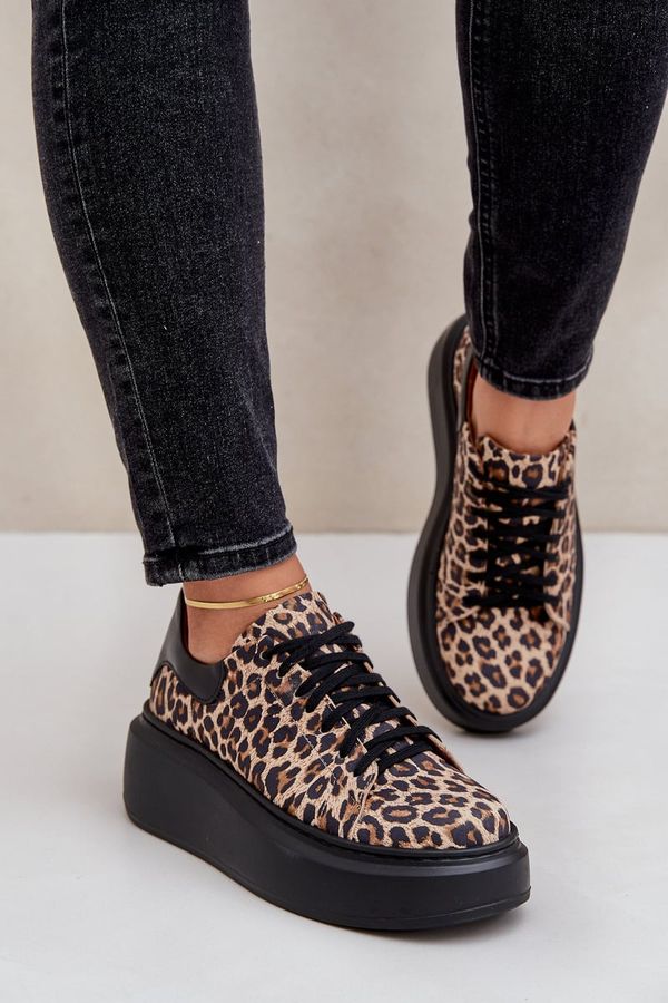 Zazoo Leather platform sneakers with leopard print Zazoo 3346 brown-black