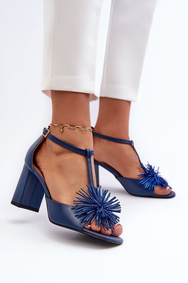 Laura Messi Leather Sandals with Heel and Decoration Laura Messi 2758 Navy