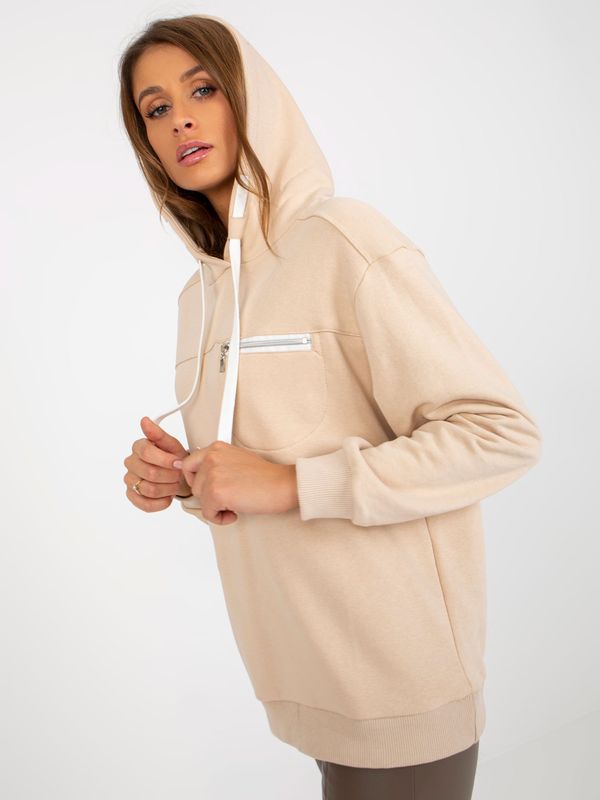 Fashionhunters Light beige hoodie with drawstrings
