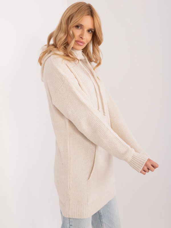 Fashionhunters Light beige kangaroo sweater with cuffs