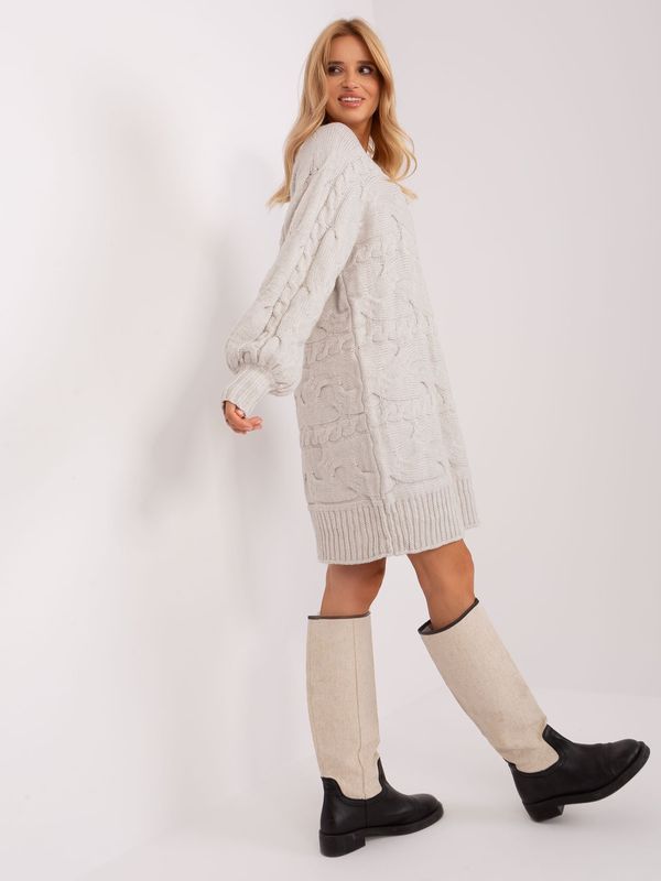 Fashionhunters Light beige knitted dress with puffed sleeves