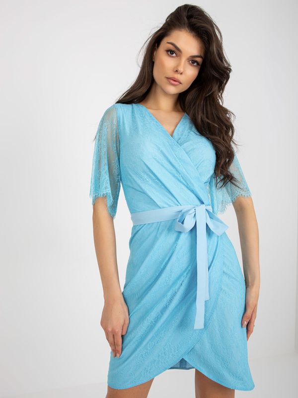 Fashionhunters Light blue lace cocktail dress with belt