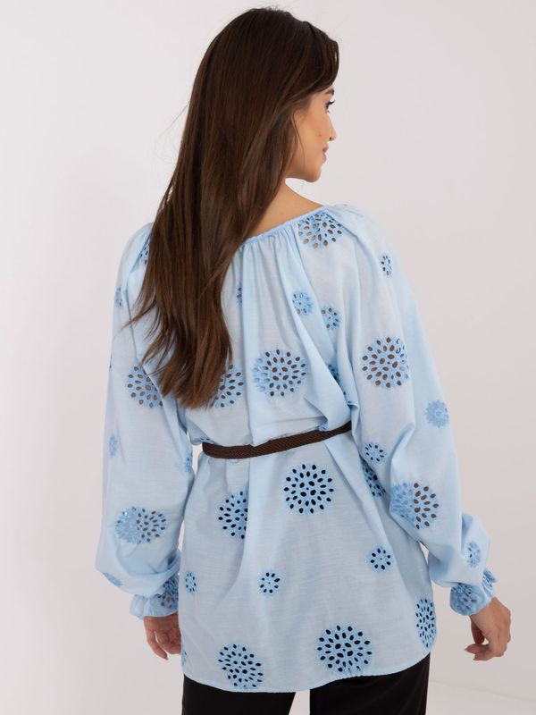 Fashionhunters Light blue openwork blouse with puff sleeves