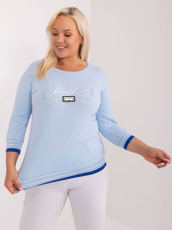 Fashionhunters Light blue plus size blouse with inscription and rhinestones