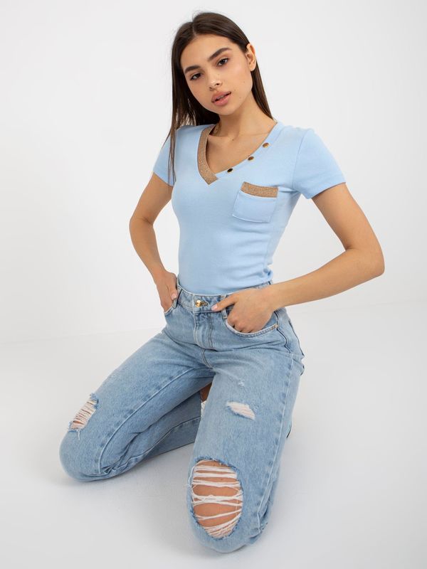 Fashionhunters Light blue ribbed blouse with pocket