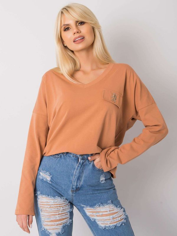 Fashionhunters Light brown cotton blouse with V-neck.