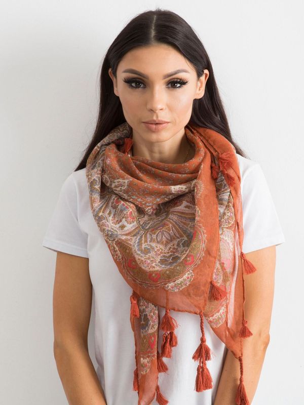 Fashionhunters Light brown scarf with fringe and print