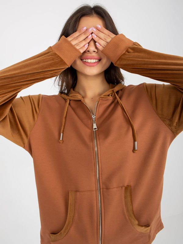 Fashionhunters Light brown sweatshirt with velour inserts