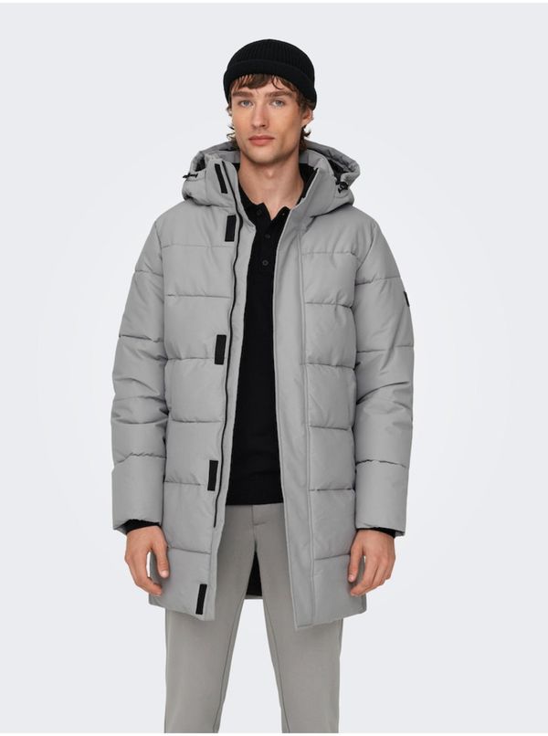 Only Light grey men's quilted winter coat ONLY & SONS Carl - Men