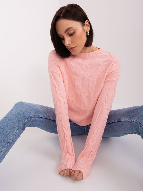 Fashionhunters Light pink cable knit sweater with a round neckline