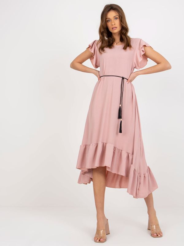Fashionhunters Light pink dress with ruffle and braided belt