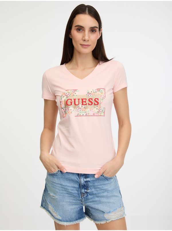 Guess Light pink women's T-shirt Guess Logo Flowers - Women