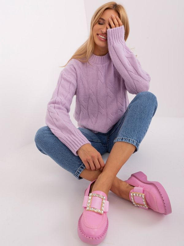 Fashionhunters Light purple cable knit sweater with long sleeves
