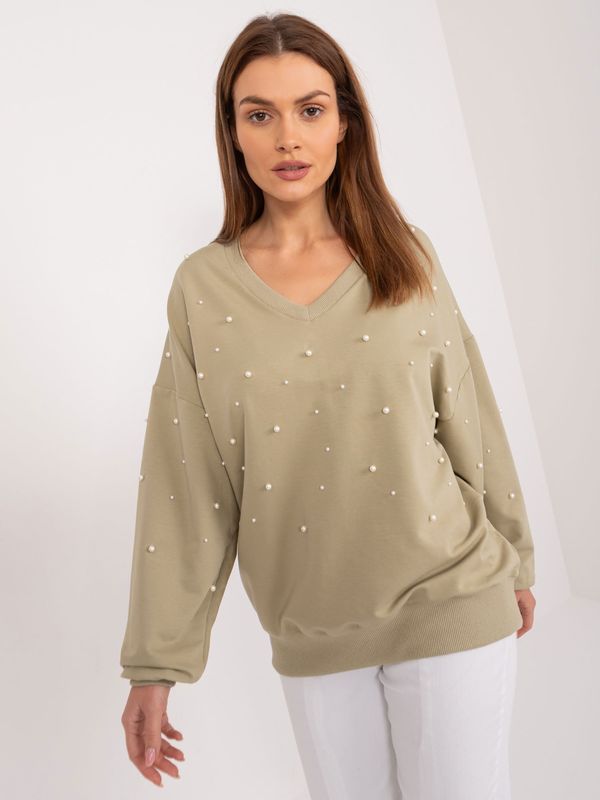 Fashionhunters Lightweight khaki women's oversize sweatshirt with pearls