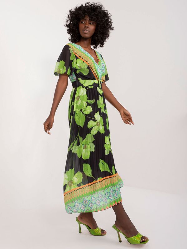 Fashionhunters Lime and black midi dress with short sleeves