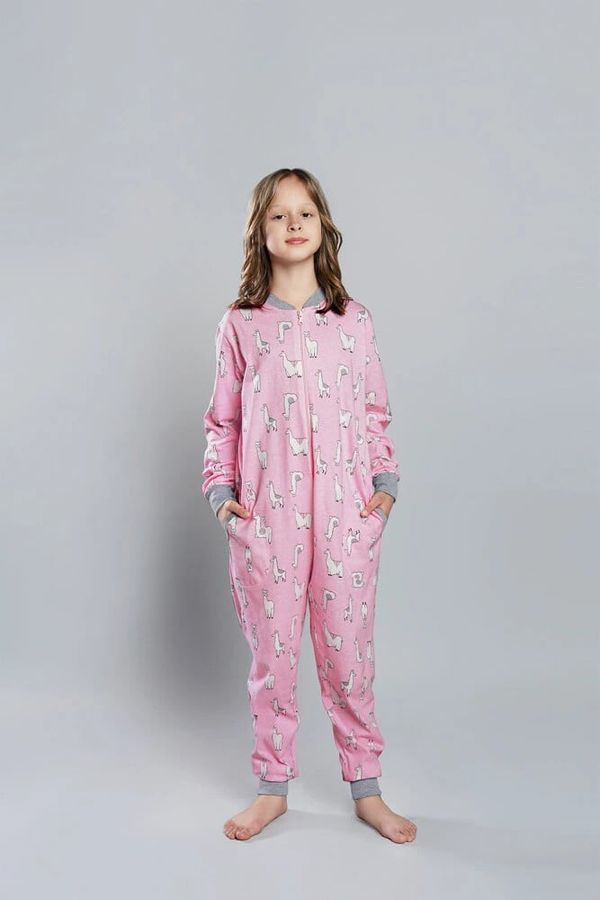 Italian Fashion Llama children's jumpsuit with long sleeves, long pants - pink print