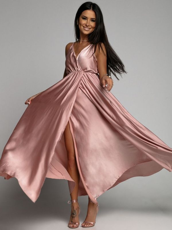 FASARDI Long satin dress with straps, powder pink