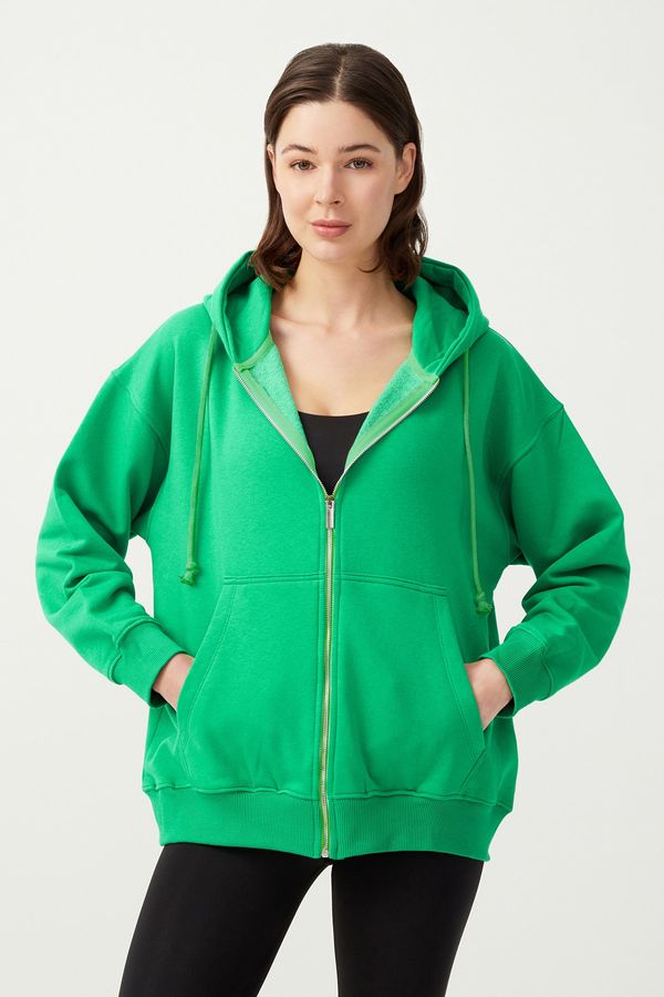 LOS OJOS LOS OJOS Women's Green Hooded Oversize Raised Zipper Knitted Sweatshirt
