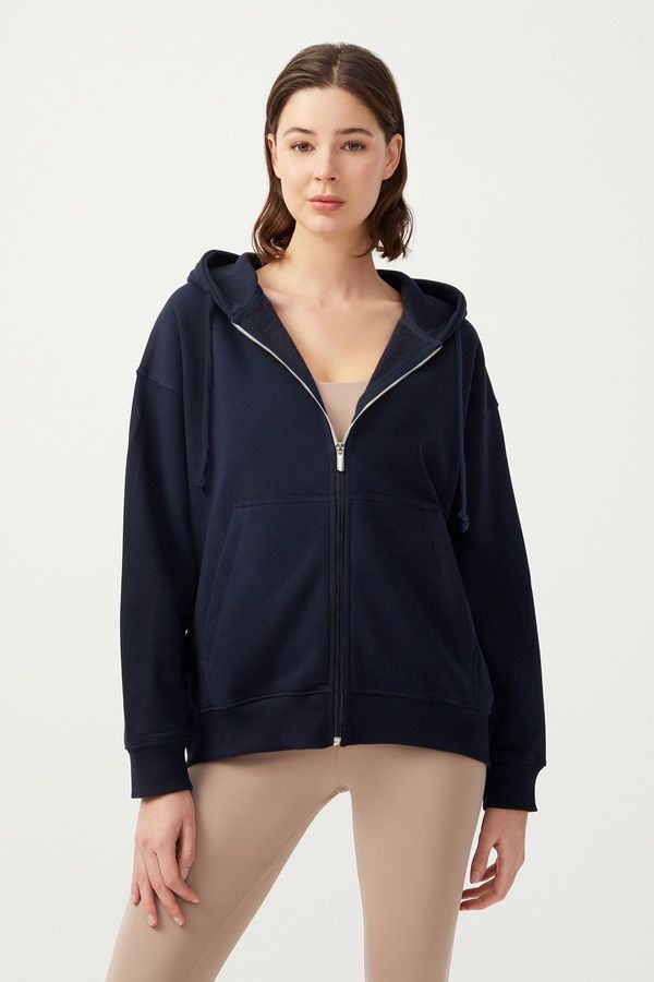 LOS OJOS LOS OJOS Women's Navy Blue Hooded Oversized Rayon Zipper Knitted Sweatshirt.