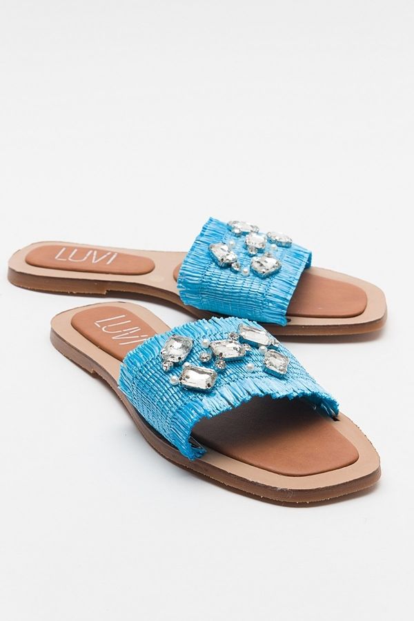 LuviShoes LuviShoes NORVE Bebe Blue Women's Slippers with Straw Stones.