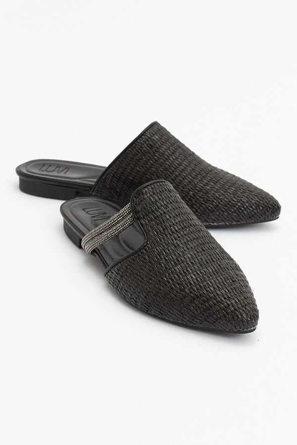 LuviShoes LuviShoes PESA Black Women's Slippers with Straw Stones