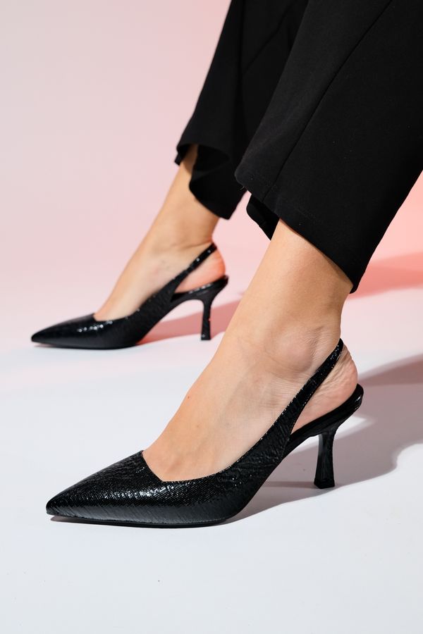 LuviShoes LuviShoes PLOVA Black Shiny Pointed Toe Open Back Thin Heel Shoes