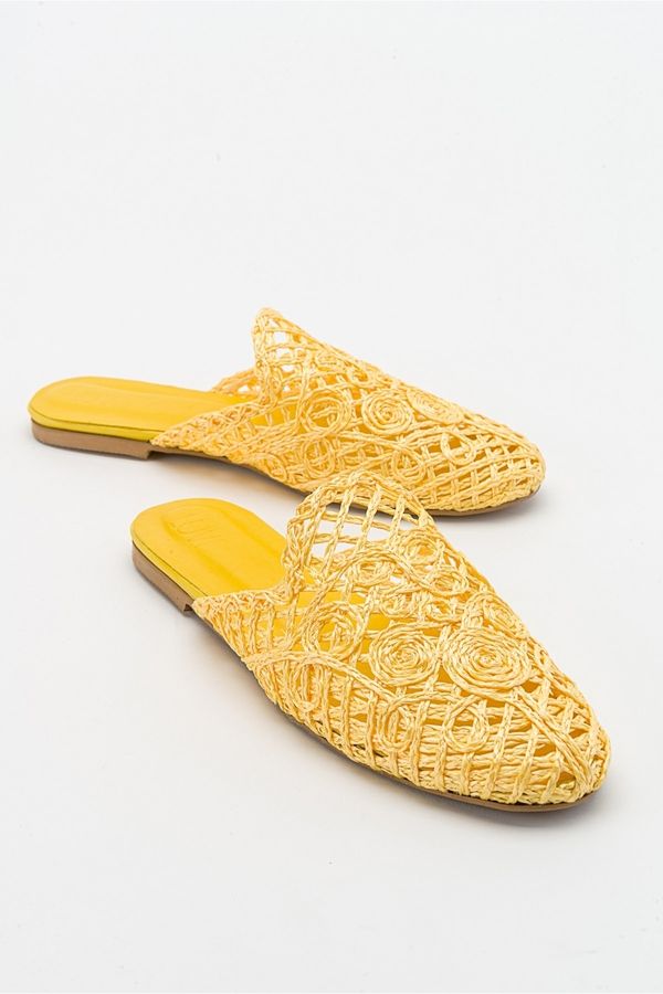 LuviShoes LuviShoes Santo Genuine Leather Yellow Knitted Women's Slippers
