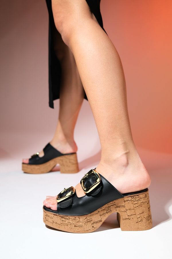 LuviShoes LuviShoes SLAPY Black Skin Women's Gold Buckle Platform Heeled Slippers