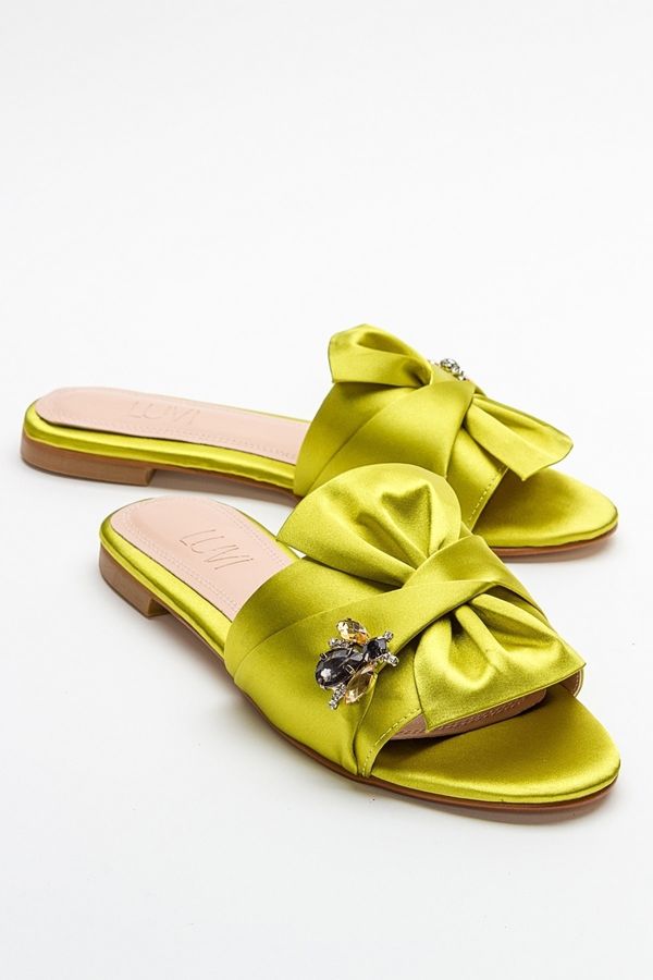 LuviShoes LuviShoes T01 Light Green Satin Women's Slippers with Stones.
