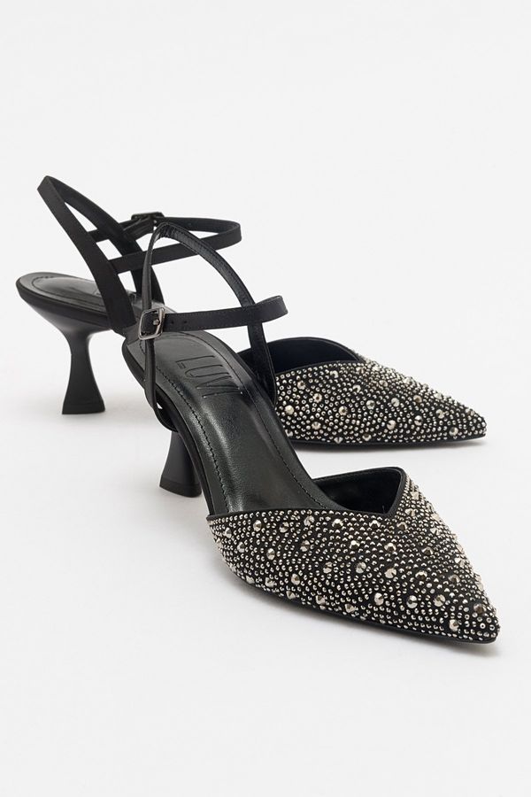 LuviShoes LuviShoes VİLKA Black Satin Stone Pointed Toe Thin Heeled Evening Shoes