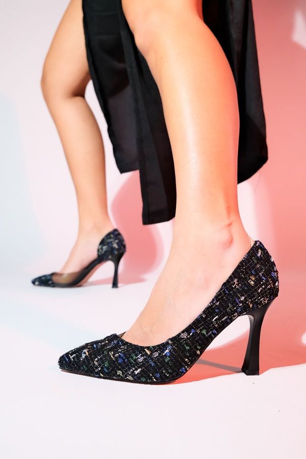 LuviShoes LuviShoes WAYNE Women's Black Color Tweed Transparent Heeled Shoes