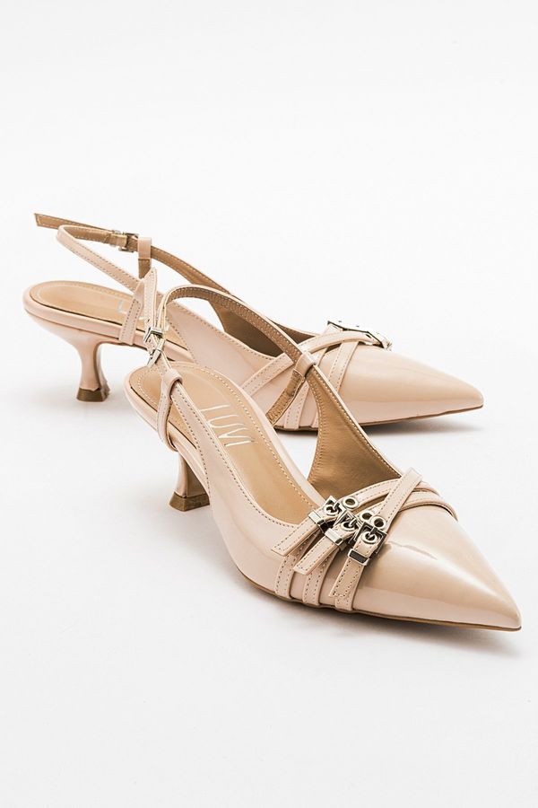 LuviShoes LuviShoes WOSS Beige Patent Leather Belt Detail Women's Heeled Shoes
