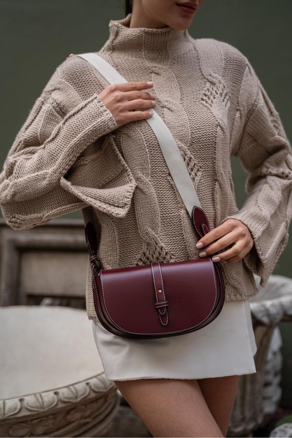 Madamra Madamra Burgundy Women's Top Stitching Detail Crossbody Bag
