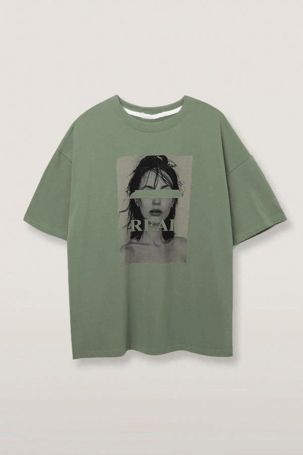 Madmext Madmext Almond Green Oversized Women's Printed T-Shirt