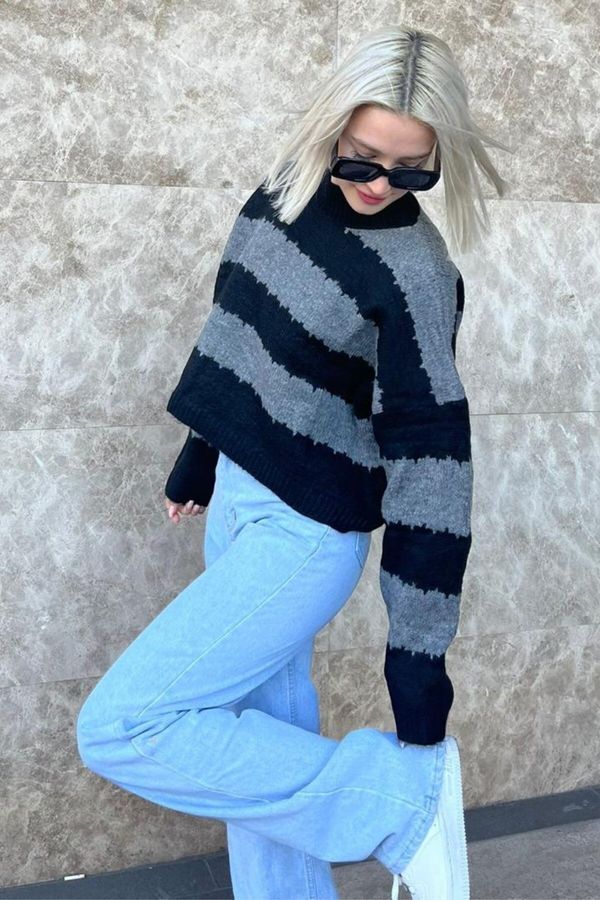 Madmext Madmext Anthracite Patterned Oversize Sweater