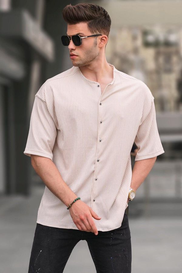 Madmext Madmext Beige Collar Striped Short Sleeve Shirt 5863
