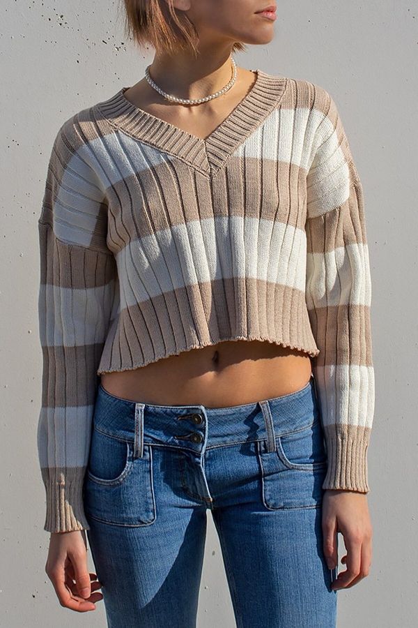Madmext Madmext Beige V-Neck Striped Crop Women's Sweater