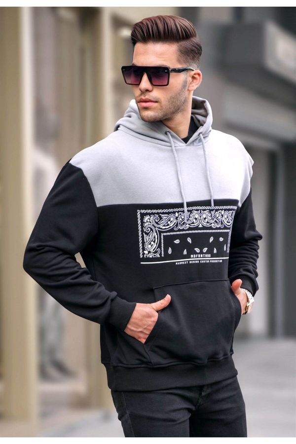 Madmext Madmext Black Hoodie with Patterned Sweatshirt 6022