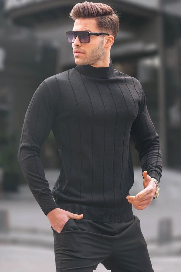 Madmext Madmext Black Slim Fit Half Turtleneck Striped Anti-Pilling Men's Knitwear Sweater 6344