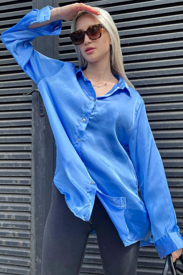 Madmext Madmext Blue Basic Women's Satin Shirt Mg1326