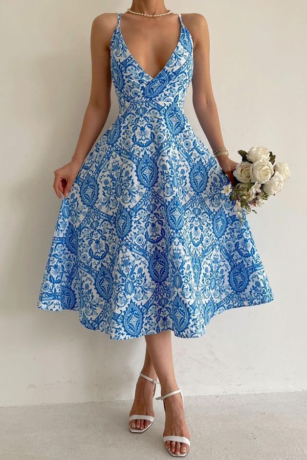 Madmext Madmext Blue Patterned Decollete Midi Length Dress